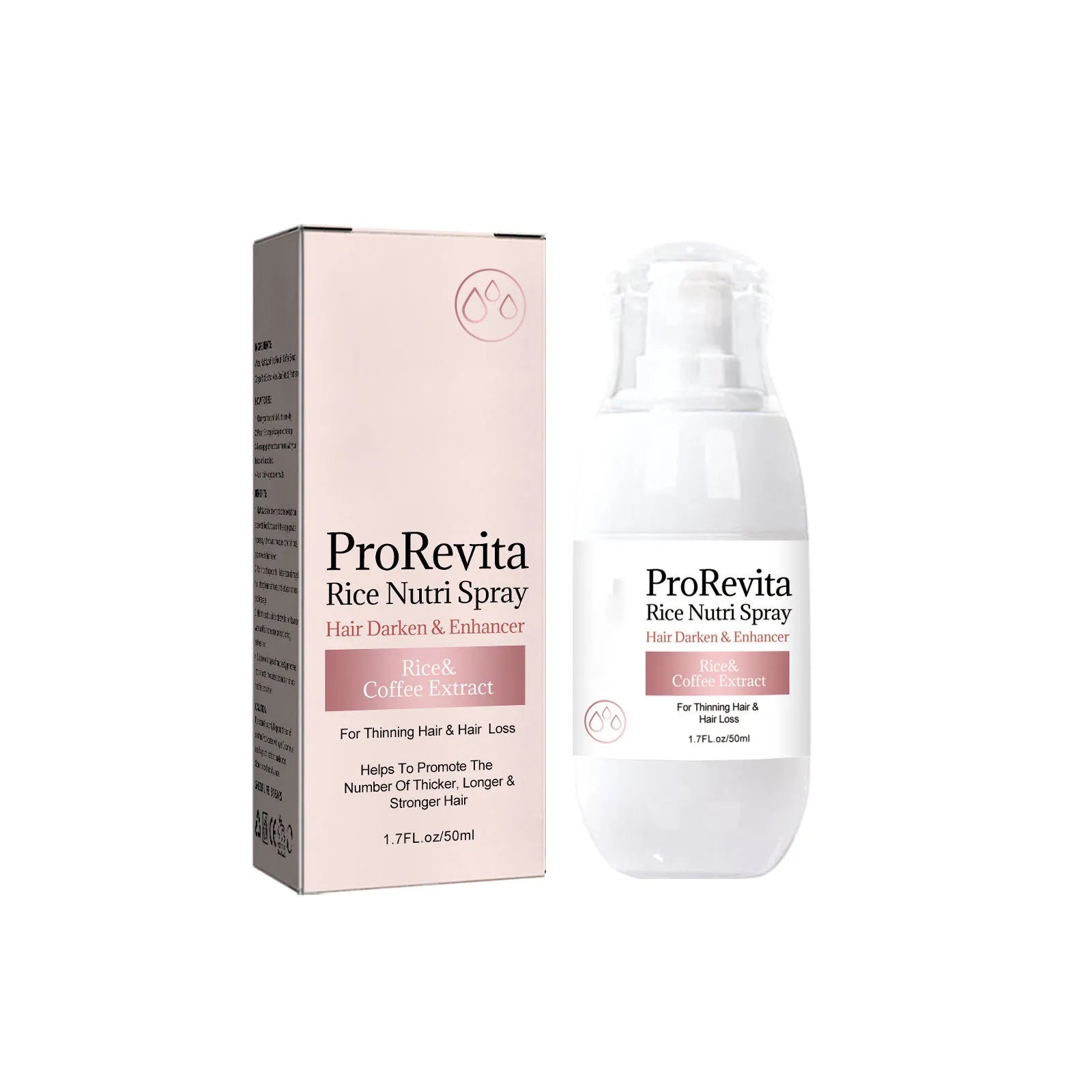 A plastic bottle of ProRevita Rice Nurti Spray placed next to its packaging box. The bottle is transparent with a white content visible inside, and the box has pink accents.
